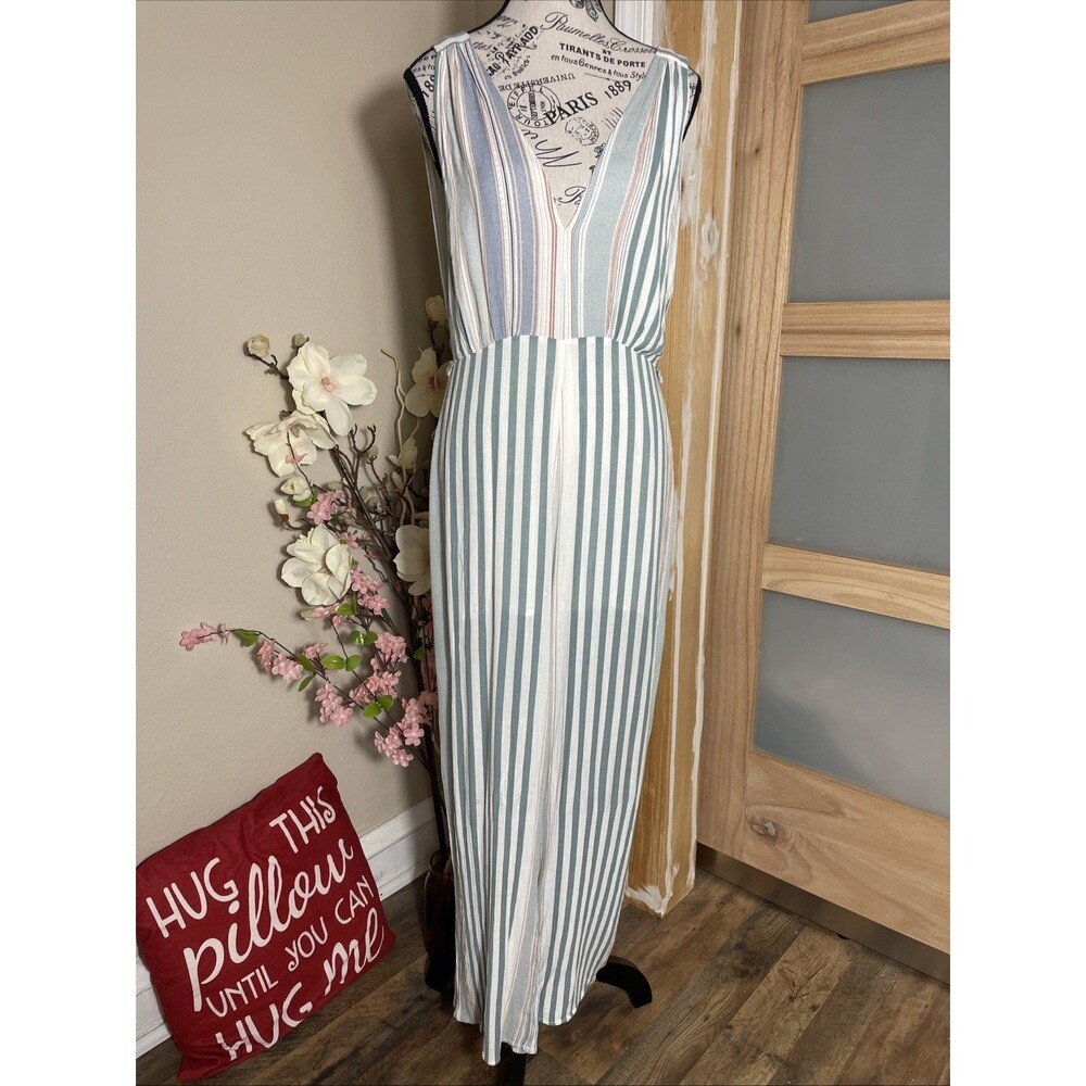 Hem and Thread Coastal Striped Wide Leg Jumpsuit Deep V Neck Sleeveless Resort S